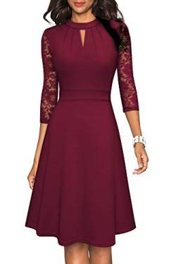 HOMEYEE Damen Elegant Hollow Out Spitzenärmel Swing Retro Party Cocktailkleid A234 (L, Burgund) von HOMEYEE