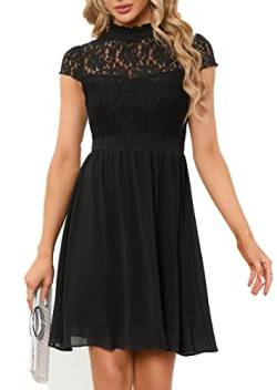 HOMEYEE Damen Elegant Kurzarm Blumen Spitze Abendkleid für Hochzeit Rockabilly Chiffon Cocktailkleid A372 (L, Schwarz) von HOMEYEE