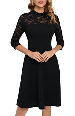 HOMEYEE Damen Elegant Spitze 3/4 Ärmel Rockabilly Kleid Retro Knielang Cocktailkleid für Hochzeit A368 (XL, Schwarz) von HOMEYEE