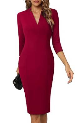 HOMEYEE Damen Elegant V-Ausschnitt 3/4 Ärmel Cocktail Retro Bodycon Bleistiftkleid Business Midi Etuikleid B760 (L, Burgund) von HOMEYEE