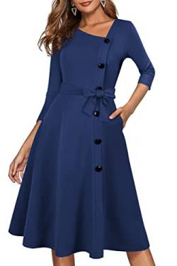 HOMEYEE Damen Elegant V-Ausschnitt 3/4 Ärmel Kleider für Hochzeit Knielang Vintage Party Cocktailkleid mit Taschen A250 (S, Marineblau) von HOMEYEE