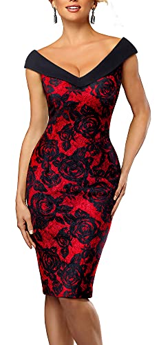 HOMEYEE Damen Elegant V-Ausschnitt Ärmelloses Vintage Rose Floral Cocktailkleid B425(EU 40 = Size L,Rot) von HOMEYEE