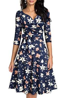 HOMEYEE Damen Retro 50s V-Ausschnitt mit Schärpe Swing Cocktail Party Kleid A240 (M, Dunkelblau + Gelb Blumen) von HOMEYEE