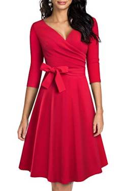 HOMEYEE Damen Retro 50s V-Ausschnitt mit Schärpe Swing Cocktail Party Kleid A240 (S, Rot) von HOMEYEE