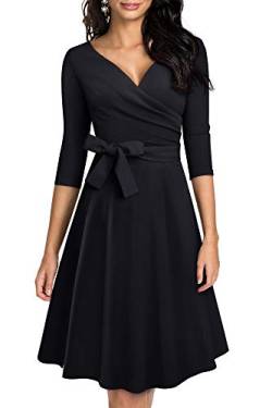 HOMEYEE Damen Retro 50s V-Ausschnitt mit Schärpe Swing Cocktail Party Kleid A240 (XL, Schwarz) von HOMEYEE