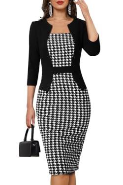 HOMEYEE Damen Vintage 3/4 Ärmel Farbblock Büro Bleistiftkleid Bodycon Split Business Cocktailkleid B784 (XL, Hahnentritt) von HOMEYEE