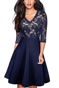 HOMEYEE Damen Vintage 3/4 Ärmel Floral Spitze Gestickte Cocktail Ausgestelltes Kleid A062 (EU 38 = Size M, Dunkelblau) von HOMEYEE