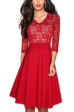 HOMEYEE Damen Vintage 3/4 Ärmel Floral Spitze Gestickte Cocktail Ausgestelltes Kleid A062 (L, Rot) von HOMEYEE