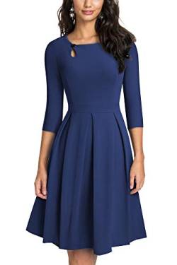 HOMEYEE Damen Vintage Aushöhlen Rundhals Abgefackelt Plissee Cocktailkleid A223 (M, Dunkelblau) von HOMEYEE