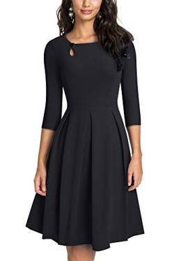 HOMEYEE Damen Vintage Aushöhlen Rundhals Abgefackelt Plissee Cocktailkleid A223 (M, Schwarz) von HOMEYEE