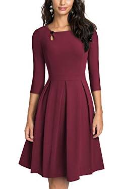 HOMEYEE Damen Vintage Aushöhlen Rundhals Abgefackelt Plissee Cocktailkleid A223 (S, Karminrot) von HOMEYEE