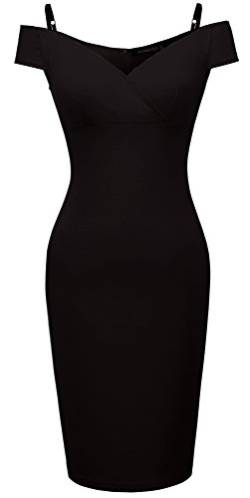 HOMEYEE Damen Vintage Blumendruck Off Shoulder Riemchen Knielänge Bodycon Enges Kleid B309 (EU 42 (Herstellergroesse: XL), Schwarz) von HOMEYEE