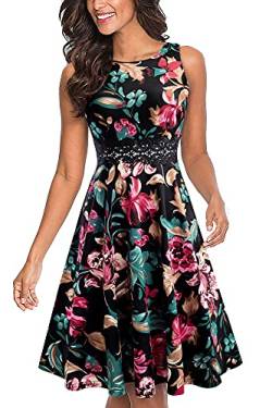 HOMEYEE Damen Vintage Rundhalsausschnitt ärmellosen Blumen Bestickt knielangen Cocktailkleid A079 (S, Schwarz + Grün Blumen) von HOMEYEE