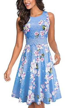 HOMEYEE Damen Vintage Rundhalsausschnitt ärmellosen Blumen Bestickt knielangen Cocktailkleid A079 (XXL, Hellblau) von HOMEYEE