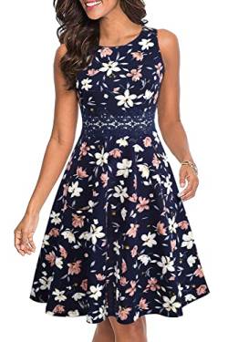 HOMEYEE Damen Vintage Rundhalsausschnitt ärmellosen Blumen Bestickt knielangen Cocktailkleid UKA079 (EU 40 = Size L, Dunkelblau + Floral) von HOMEYEE