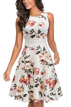 HOMEYEE Damen Vintage Rundhalsausschnitt ärmellosen Blumen Bestickt knielangen Cocktailkleid UKA079 (EU 40 = Size L, Weiß + Blumen) von HOMEYEE