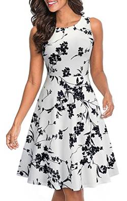 HOMEYEE Damen Vintage Rundhalsausschnitt ärmellosen Blumen Bestickt knielangen Cocktailkleid UKA079 (EU 44 = Size XXL, Weiß + Schwarz) von HOMEYEE