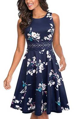 HOMEYEE Damen Vintage Rundhalsausschnitt ärmellosen Blumen Bestickt knielangen Cocktailkleid UKA079 (L, Marineblau + Weiße Blumen) von HOMEYEE