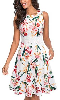 HOMEYEE Damen Vintage Rundhalsausschnitt ärmellosen Blumen Bestickt knielangen Cocktailkleid UKA079 (L, Weiß) von HOMEYEE