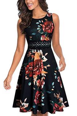 HOMEYEE Damen Vintage Rundhalsausschnitt ärmellosen Blumen Bestickt knielangen Cocktailkleid UKA079 (XXL, Gelb Floral + Schwarz) von HOMEYEE