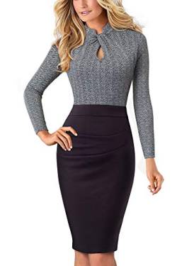 HOMEYEE Damen Vintage Stehkragen Kurzarm Bodycon Business Bleistift Kleid B430 (EU 36 = Size S, Grau + Lange Ärmel) von HOMEYEE