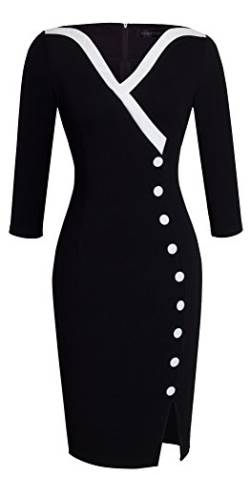 HOMEYEE Frauen Elegante V-Ausschnitt Big Button Hem Spalte schlanke Bodycon Casual Vintage Kleid B335(EU 36 = Size S,Schwarz) von HOMEYEE