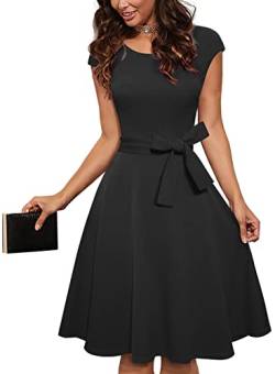 HOMEYEE Vintage 50er Rockabilly Retro Abendkleider Hochzeit Einfarbig Swing Knielang Cocktailkleid A266 (XXL, Schwarz) von HOMEYEE