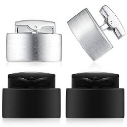 HONEY BEAR 2 Paar Herren Hochzeit Rechteck Manschettenknöpfe Cufflinks Set Edelstahl Manschettenknopf,Silber Schwarz (Mattschwarz+gebürstetes Silber ohne Box) von HONEY BEAR