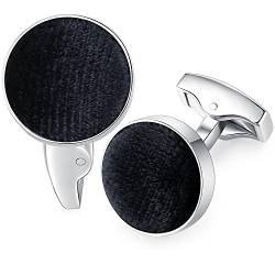 HONEY BEAR Herren Hochzeit Baumwolle Stoff Samt Manschettenknöpfe Cufflinks Edelstahl Manschettenknopf,Runden (Schwarz) von HONEY BEAR