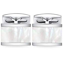 HONEY BEAR Herren Manschettenknöpfe Hochzeit Cufflinks Manschettenknopf Gebürstet-Silber Edelstahl (Weiße Schale) von HONEY BEAR