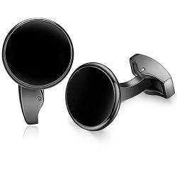 HONEY BEAR Herren Weiß Perle Schale Stein/Schwarz Achat Onyx Manschettenknöpfe Cufflinks Edelstahl Manschettenknopf für Hemd, Hochzeit Geschäft Geschenk (Schwarz) von HONEY BEAR