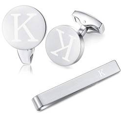 HONEY BEAR manschettenknöpfe & Schmale krawattennadel Set Initialen Buchstabe Herren Edelstahl Hochzeit Cufflinks Manschettenknopf Silber (K2) von HONEY BEAR