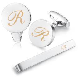 HONEY BEAR manschettenknöpfe & krawattennadel Krawattenklammer Set Initialen Buchstabe Herren Edelstahl Hochzeit Cufflinks Manschettenknopf Silber (R) von HONEY BEAR