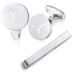 HONEY BEAR manschettenknöpfe & krawattennadel Set Initialen Buchstabe Herren Edelstahl Hochzeit Cufflinks Manschettenknopf Silber,MEHRWEG (V) von HONEY BEAR