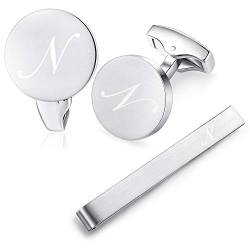 HONEY BEAR manschettenknöpfe & krawattennadel Set Initialen Buchstabe Herren Edelstahl Hochzeit Cufflinks Manschettenknopf Silber (N) von HONEY BEAR