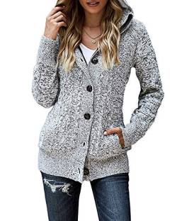 Damen Strickjacke Cardigan mit Kapuze Und Reißverschluss Langarm Strickcardigan Hoodie Jacke Strickmantel mit Tasche und Knöpfe Warm Gefütterte Gestrickt Winterjacke Outwear Grau L von HONGBI