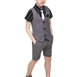 HONGBI 2-12 Jahre Kinder Junge Anzug 4 Stück Kinder Anzug Set Sommer Taufe Hochzeit Anzüge Gentleman Weste + Kurzarm Hemd + Kurze Hose + Fliege Kinderanzug Festlich Outfit von HONGBI