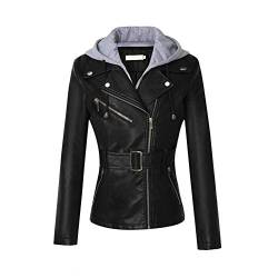 HONGBI Damen Lederjacke mit Kapuze im Biker Look,Kurzmantel PU Leder Motorrad Jacke Frauen Kunstlederjacke Bikerjacke mit Reißverschluss,Kunstleder Frühlingsjacke Kapuzenjacke Übergangsjacke XL von HONGBI