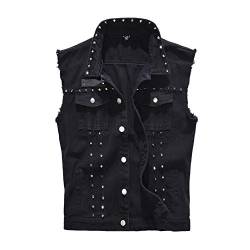 Herren Westen für Frühjahrs Sommer Stil Schlanke,Jeans Weste Denim Jacke Weste Slim Fit Beiläufige Weste Jeansweste mit Cooler Niete Vintage Revers Oberteile Bikerweste Schwarz 5XL von HONGBI