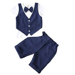 Zwei Stück Kinder Streifen Anzug Set Junge Smoking Taufe Hochzeit Festliche Kleidung Set Kurzarm T-Shirt+Fliege+Kurze Hose Gentleman Kinderanzug Sommer Bekleidungssets für Jungen von HONGBI