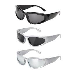 HONGXIN-SHOP Rechteckige Sonnenbrille Futuristisch Sonnenbrillen Y2K Retro Verspiegelte Partybrille für Damen Herren Space Brille Alien Brillen für Party Cosplay 3 Stück von HONGXIN-SHOP
