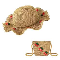 HONGXIN-SHOP Strohhut und Tasche Set Damen Sonnenhüte Strohhut mit Breiter Krempe Strandhut mit Kirsche Dekoration für Urlaub Reise und Strand (Khaki/Groß) von HONGXIN-SHOP