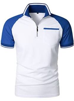 HOOD CREW Herren Casual Kurzarm Poloshirts Klassisches T-Shirt Kontrastfarben Golf Tennis Tops, Weiß/Blau, XL von HOOD CREW
