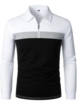 HOOD CREW Herren Casual Reißverschluss Langarm Streifen Patchwork Golf Polo Shirt, Weiß / Schwarz, 3XL von HOOD CREW
