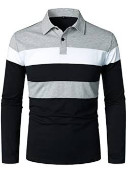 HOOD CREW Herren Color-Block Langarm Casual Poloshirt Gestreifte Golf Tops, Schwarz , 3XL von HOOD CREW