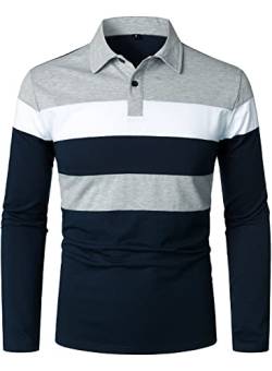 HOOD CREW Herren Color-Block Langarm Casual Poloshirt Gestreifte Golf Tops, navy, L von HOOD CREW