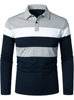 HOOD CREW Herren Color-Block Langarm Casual Poloshirt Gestreifte Golf Tops, navy, XL von HOOD CREW