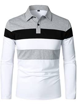 HOOD CREW Herren Color-Block Langarm Casual Poloshirt Gestreifte Golf Tops, weiß, L von HOOD CREW