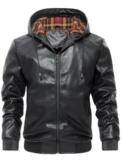 HOOD CREW Herren Kunstleder Jacke Reißverschluss Bombermantel Motorradjacke mit Kapuze, Schwarz , M von HOOD CREW