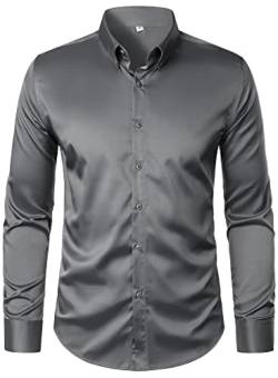 HOOD CREW Herren Langarm Kleid Shirt Solid Slim Fit Casual Business Knopfleiste Hemden Komfort Top, Darkgrey, L von HOOD CREW